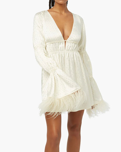 Tiered Feather Satin Rhinestone Mini Dress